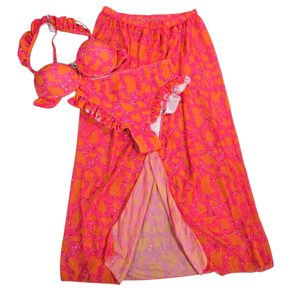 Women Medium New Bikini Skirt Set Orange Pink Abstract Print Summer Tropical